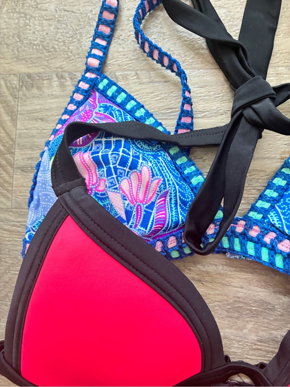 Victoria Secret PINK 2 Strappy Triangle Bikini Swim Tops Crochet Floral Neon - Picture 5 of 12